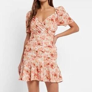 Express Satin Floral Print Ruched Mini Dress Sz 12 Faux Wrap Cocktail